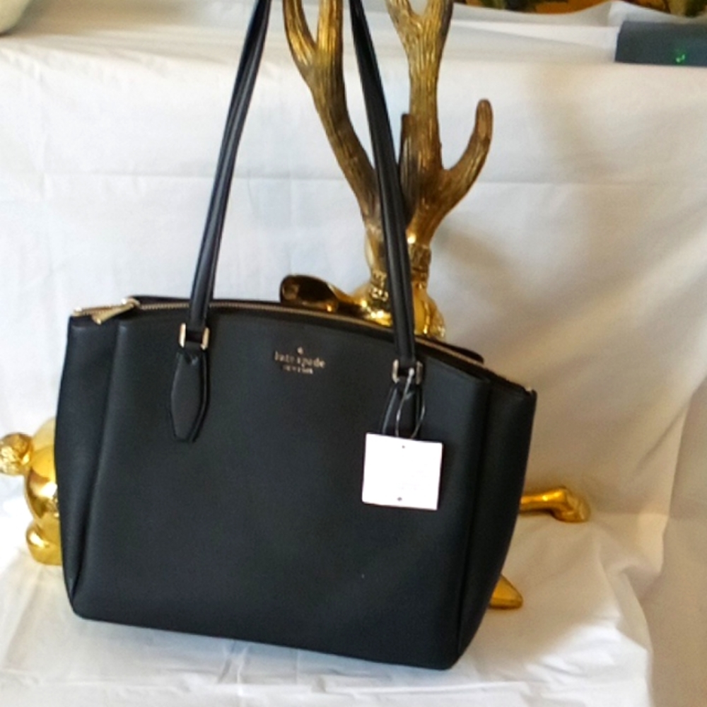 Kate Spade large 3 compartment bag in black pen led leather tote NWT - Picture 3 of 9